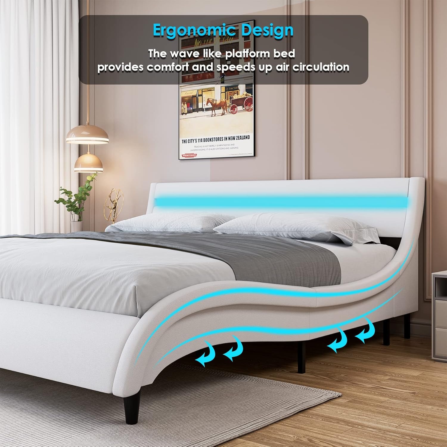 Modern Upholstered Platform Bed Frame with LED Lights and Curved Headboard, Faux Leather Wave-Like Platform Bed Frame, Strong Wood Slats Support, Easy Assembly, White, Queen Size