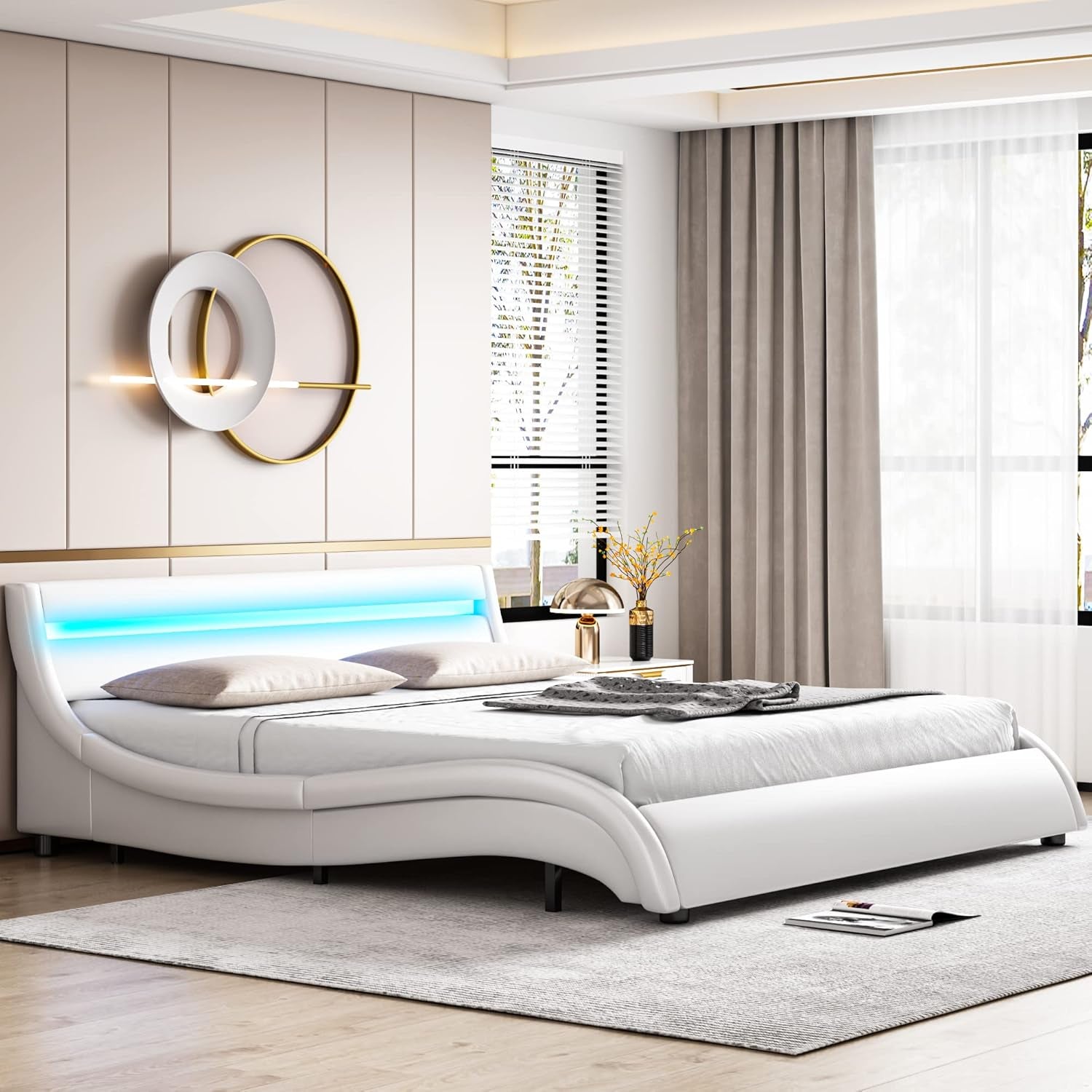 Modern Upholstered Platform Bed Frame with LED Lights and Curved Headboard, Faux Leather Wave-Like Platform Bed Frame, Strong Wood Slats Support, Easy Assembly, White, Queen Size