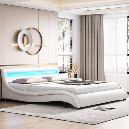 Modern Upholstered Platform Bed Frame with LED Lights and Curved Headboard, Faux Leather Wave-Like Platform Bed Frame, Strong Wood Slats Support, Easy Assembly, White, Queen Size