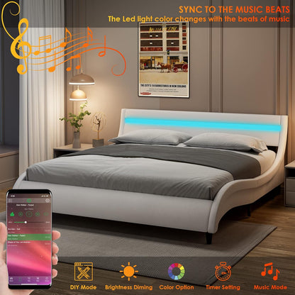 Modern Upholstered Platform Bed Frame with LED Lights and Curved Headboard, Faux Leather Wave-Like Platform Bed Frame, Strong Wood Slats Support, Easy Assembly, White, Queen Size