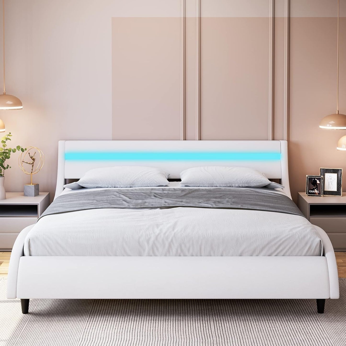 Modern Upholstered Platform Bed Frame with LED Lights and Curved Headboard, Faux Leather Wave-Like Platform Bed Frame, Strong Wood Slats Support, Easy Assembly, White, Queen Size
